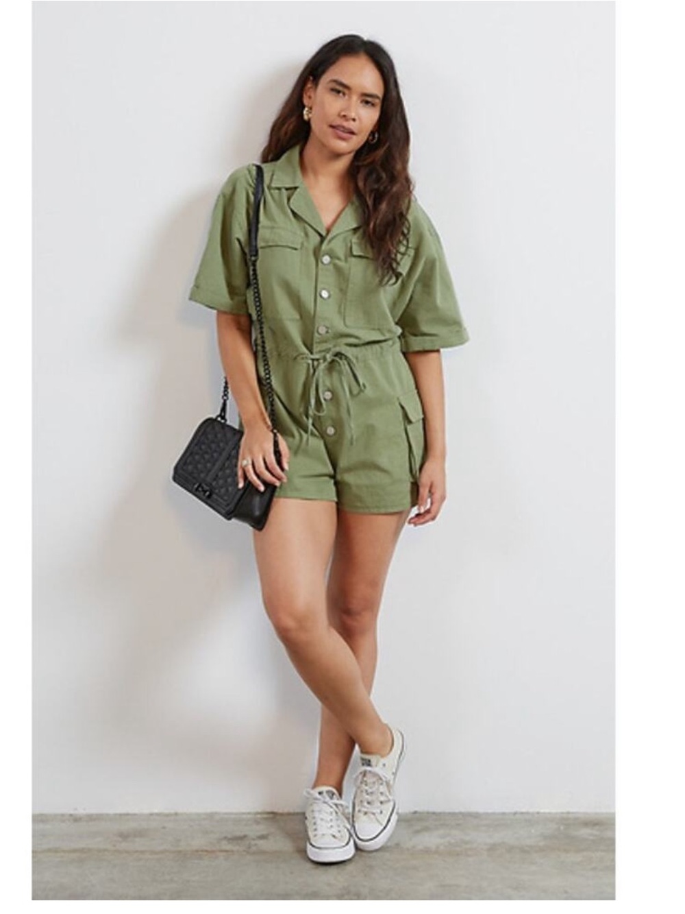 Pinch Olive Utility Collared Romper
